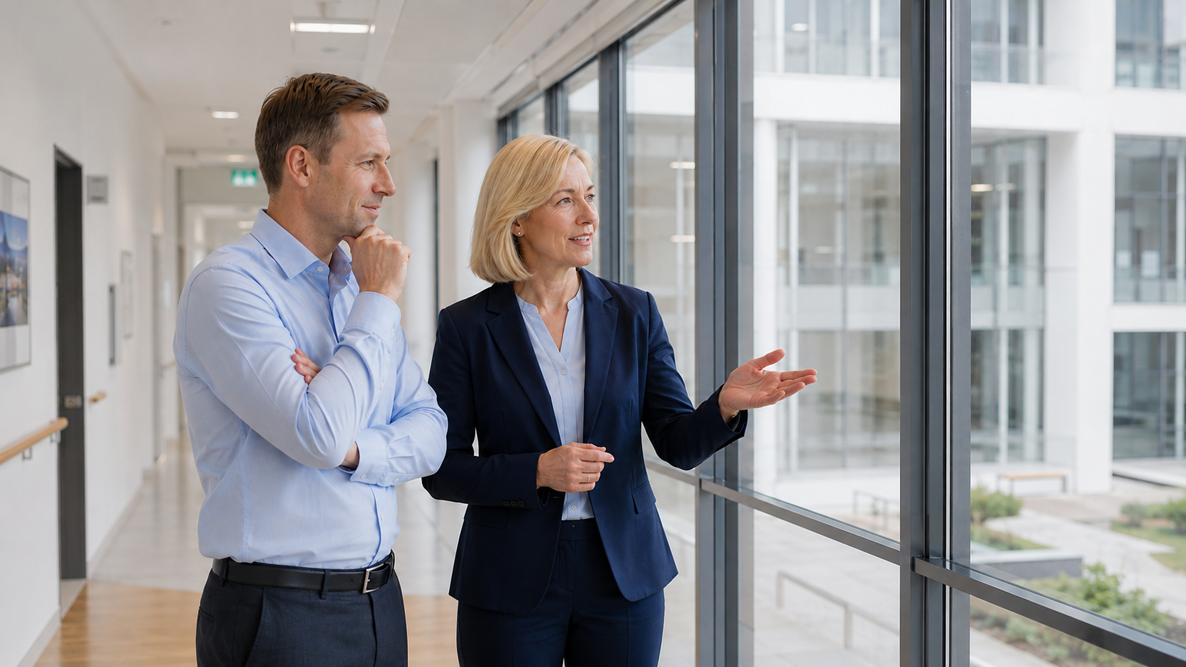 Klinikleitung und Stationsleitung besprechen gemeinsam Abläufe in einer modernen Klinik