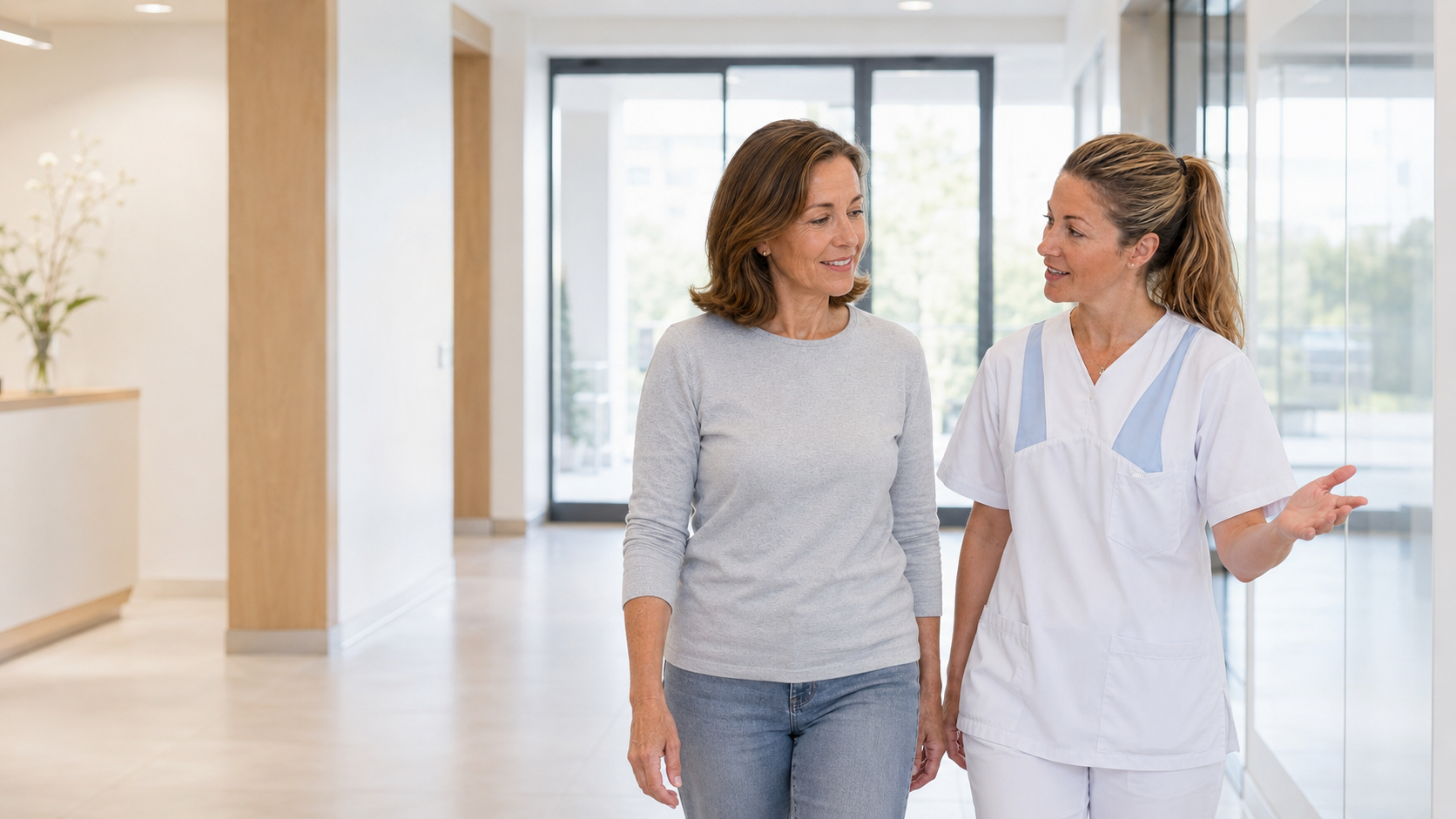 Pflegekraft, Therapeut und Ärztin stimmen sich im Klinikalltag ab