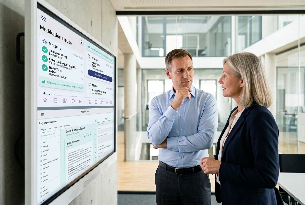 IT-Verantwortliche und Klinikleitung besprechen gemeinsam die Systemanbindung