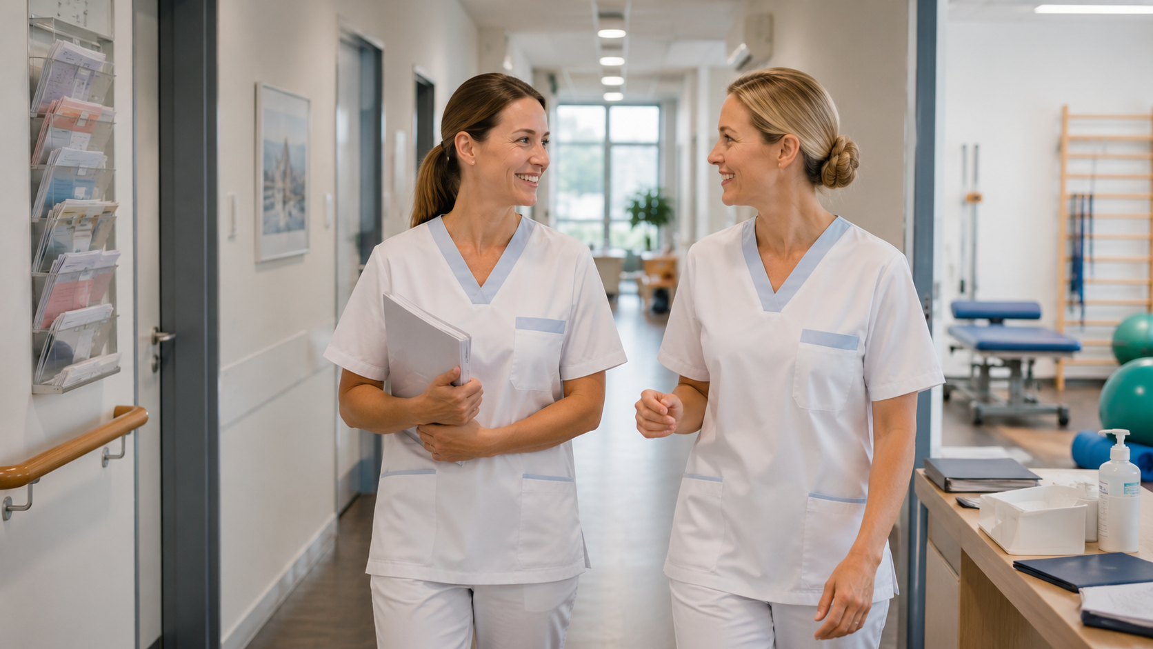 Pflegekraft arbeitet in einer modernen Reha-Klinik mit klar strukturierten Informationen