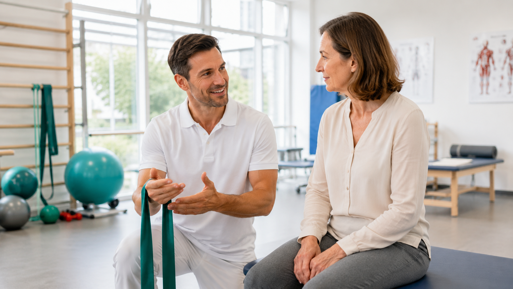 Physiotherapeut erklärt Patientin eine Übung in einem hellen Therapieraum
