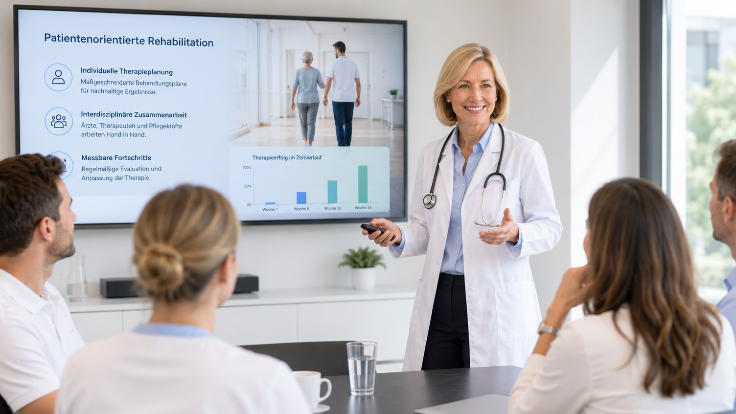 Eine Ärztin hält einen Vortrag vor Gesundheitsfachkräften in einem modernen Konferenzraum