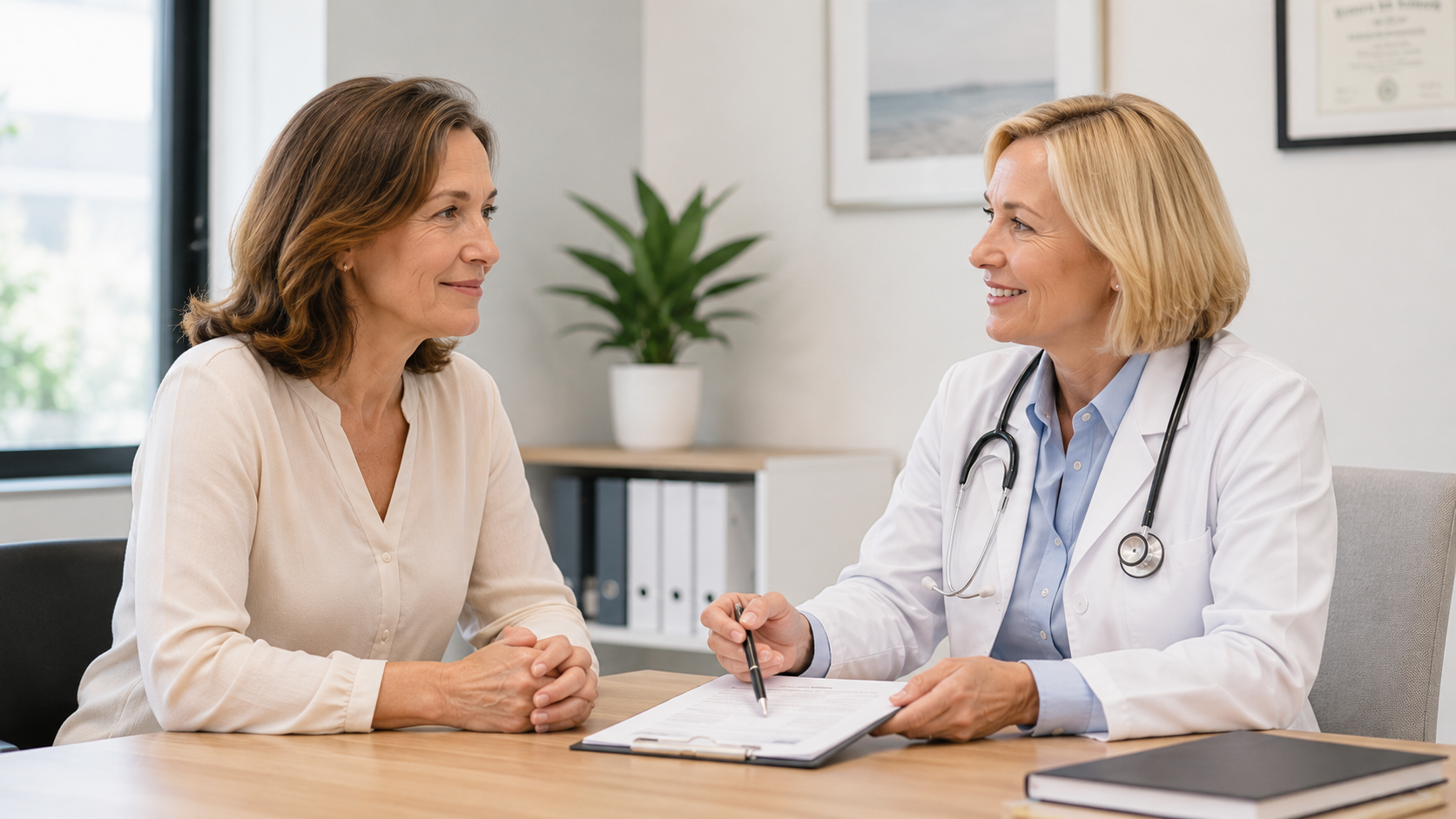 Arzt erklärt einer Patientin digital unterstützte Informationen